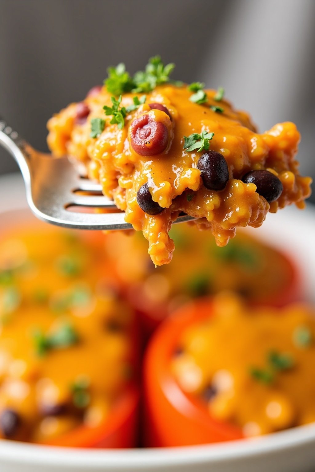Vegan Stuffed Bell Peppers with Quinoa and Black Beans perfect bite on a fork, max 125 chars