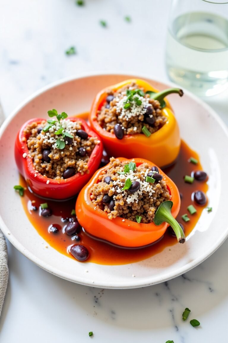 vegetarian stuffed bell peppers with quinoa and black beans on ceramic dish