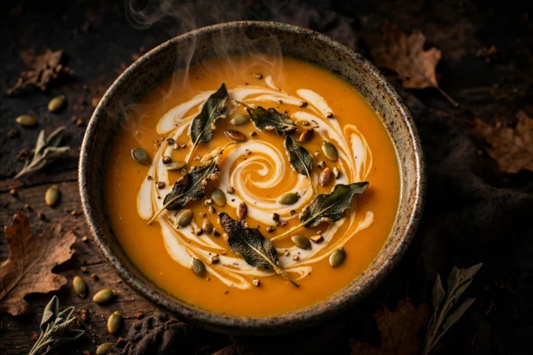 Creamy butternut squash soup in a dark rustic bowl with coconut swirl, crispy sage leaves and toasted pepitas