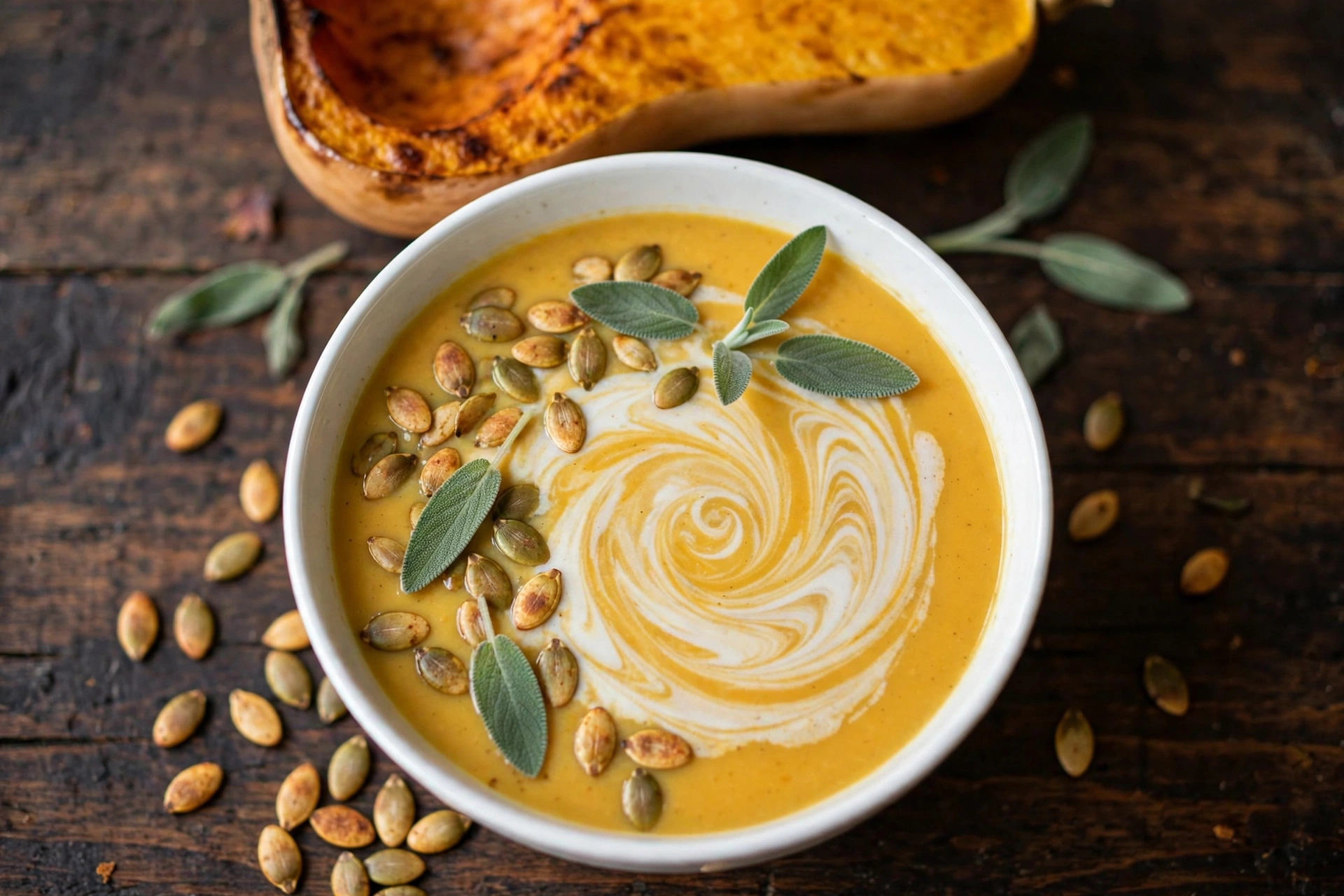Bowl of creamy butternut squash soup with coconut swirl, fresh sage and pepitas, roasted butternut squash behind