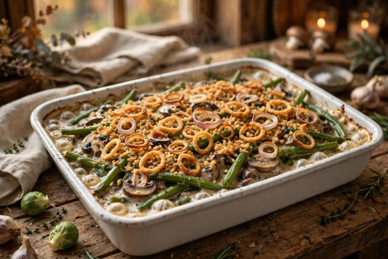 Healthy green bean casserole in a white baking dish with creamy mushroom sauce, crispy baked shallots and toasted breadcrumbs