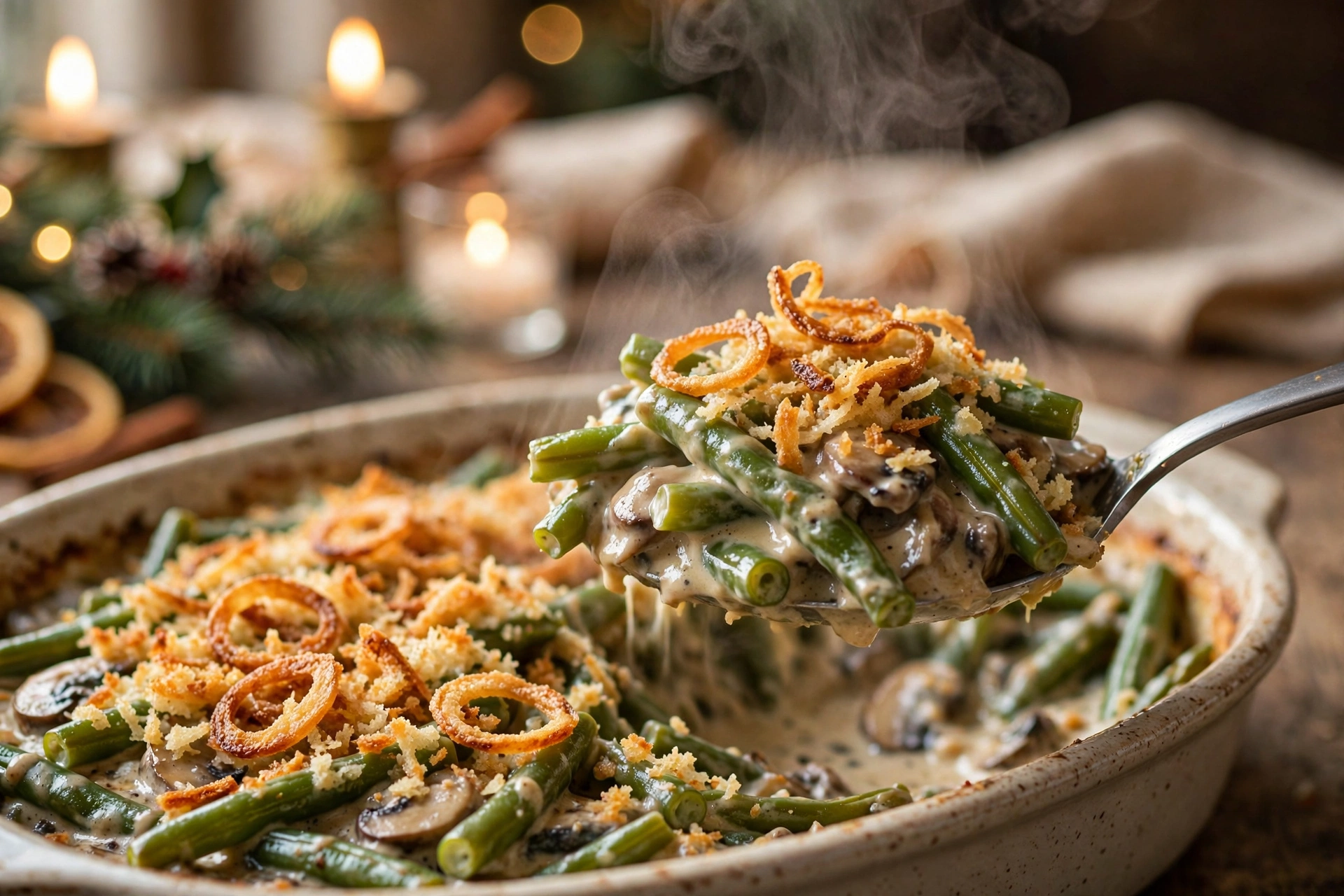 Close-up of a spoonful of healthy green bean casserole with green beans, mushrooms and crispy shallots