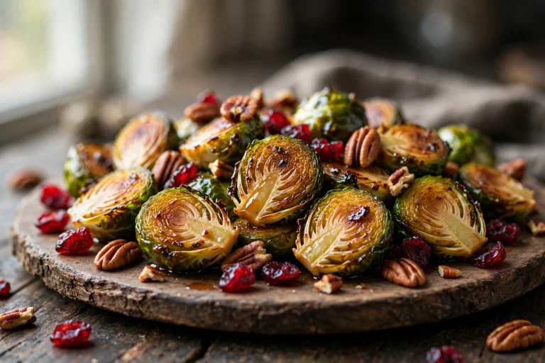Maple roasted Brussels sprouts with cranberries and pecans roasting on a sheet pan
