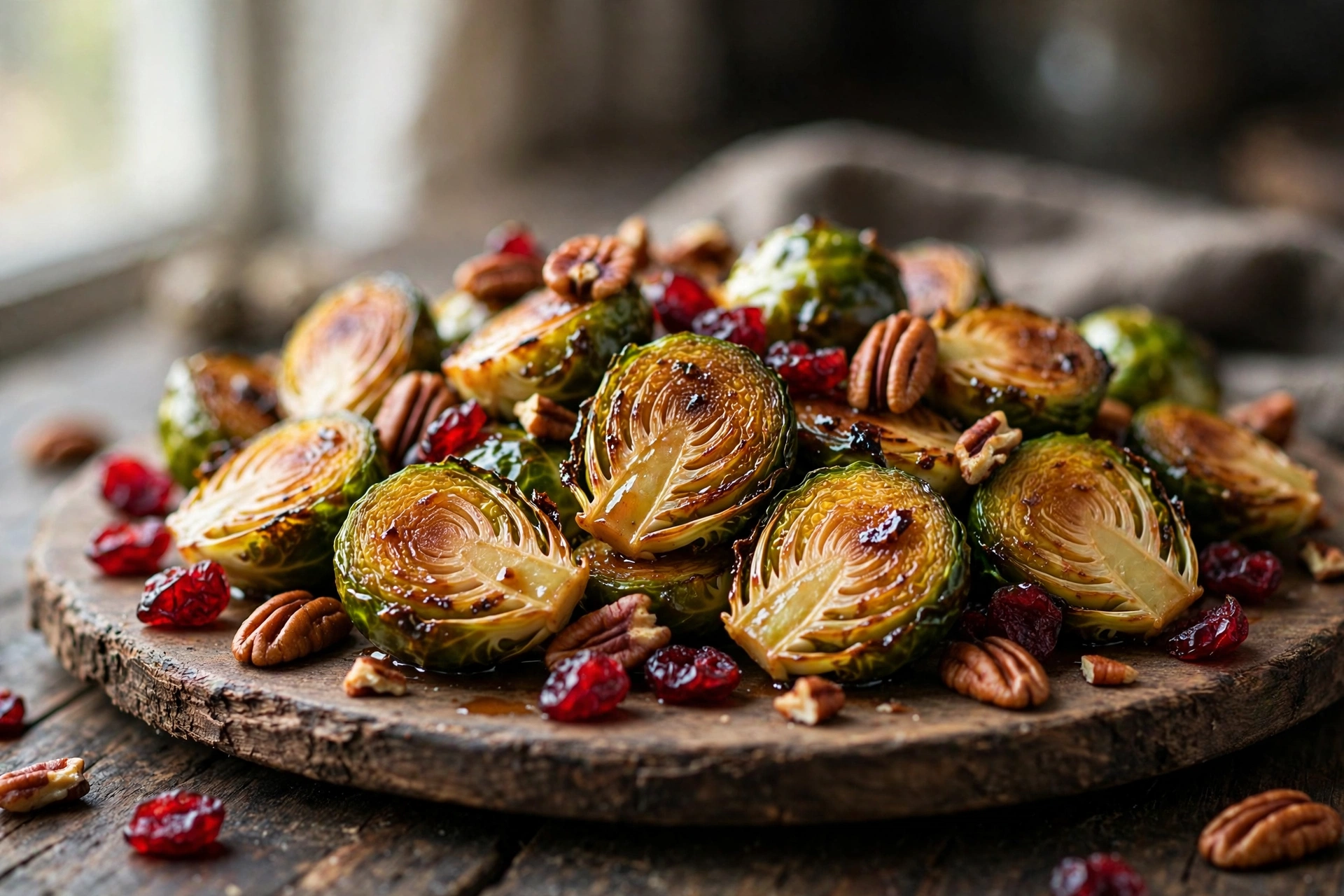 Maple roasted Brussels sprouts with cranberries and pecans roasting on a sheet pan