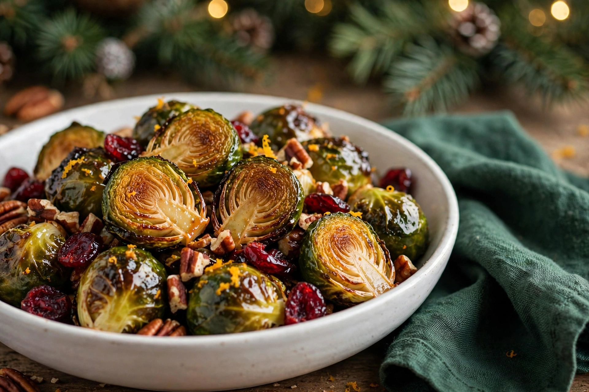 Close-up of maple roasted Brussels sprouts with cranberries, toasted pecans and orange zest