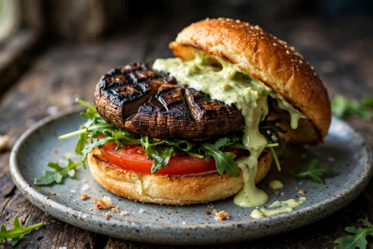 Grilled portobello mushroom burger with avocado aioli