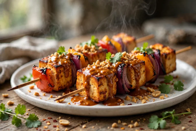 Grilled tofu skewers with spicy peanut sauce