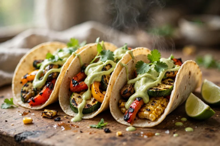 Grilled vegetable tacos with avocado cream, cilantro and lime