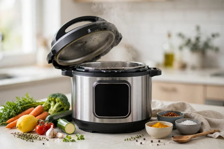 Electric pressure cooker on a kitchen counter with fresh ingredients