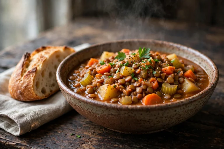 Nourishing lentil vegetable stew in a rustic bowl