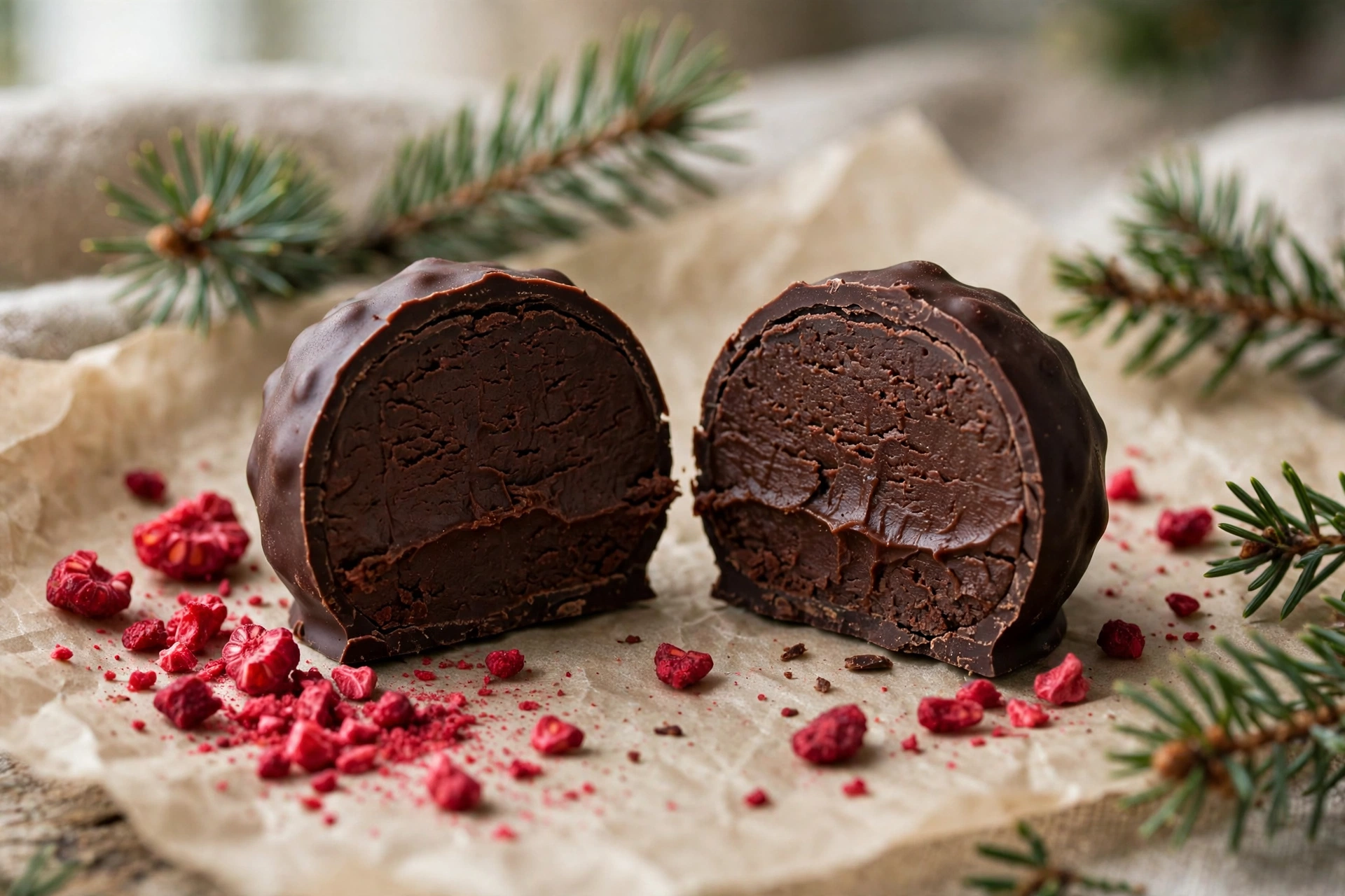 Close-up of a healthy peppermint truffle showing the fudgy mint center