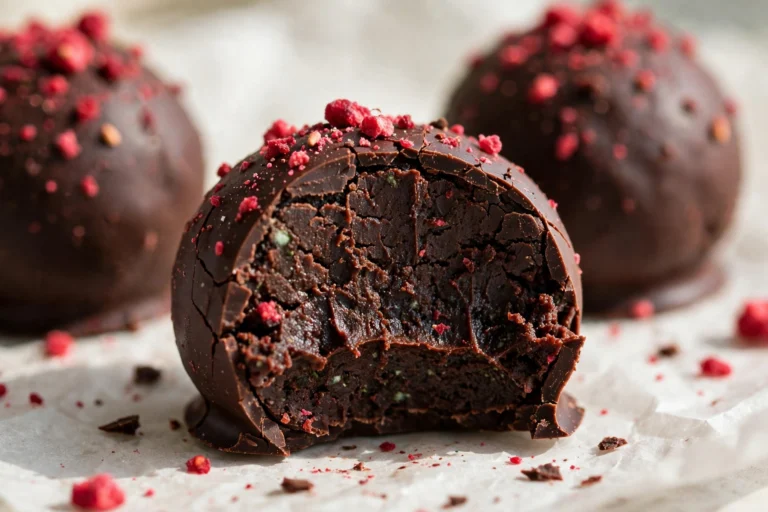 Healthy peppermint truffles with dark chocolate shells and raspberry flecks on parchment