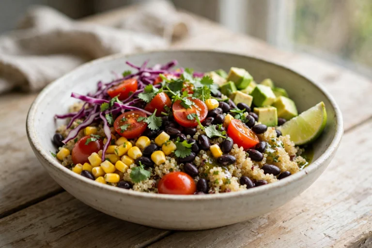 Quinoa black bean bowl with avocado, tomatoes and corn