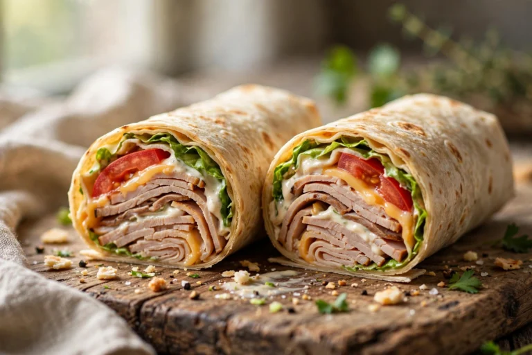 Sliced turkey wrap with lettuce, tomato and cheese