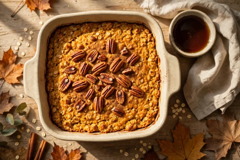 pumpkin baked oatmeal in baking dish with pecans