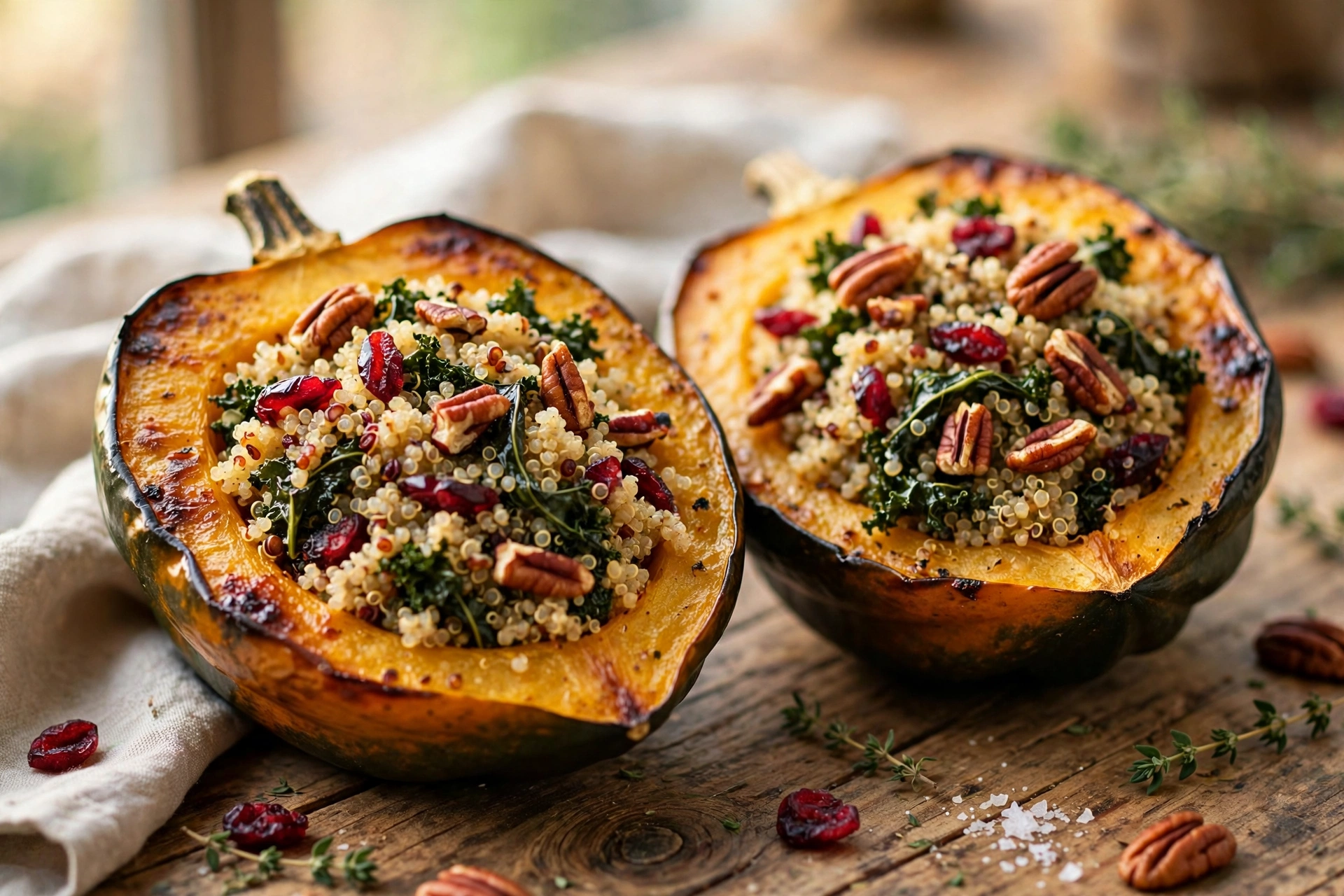 Quinoa Stuffed Acorn Squash halves filled with quinoa, cranberries and pecans on a wooden table