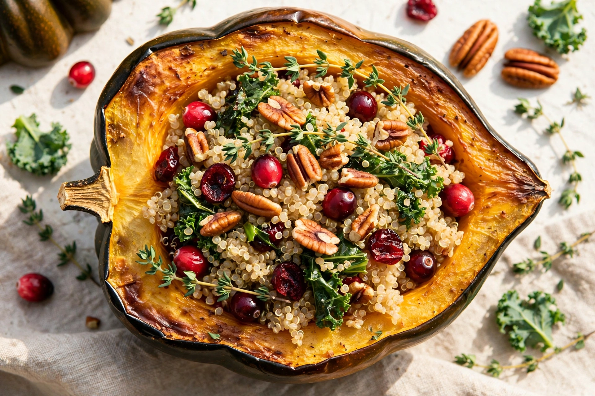 Quinoa Stuffed Acorn Squash served warm with fresh thyme