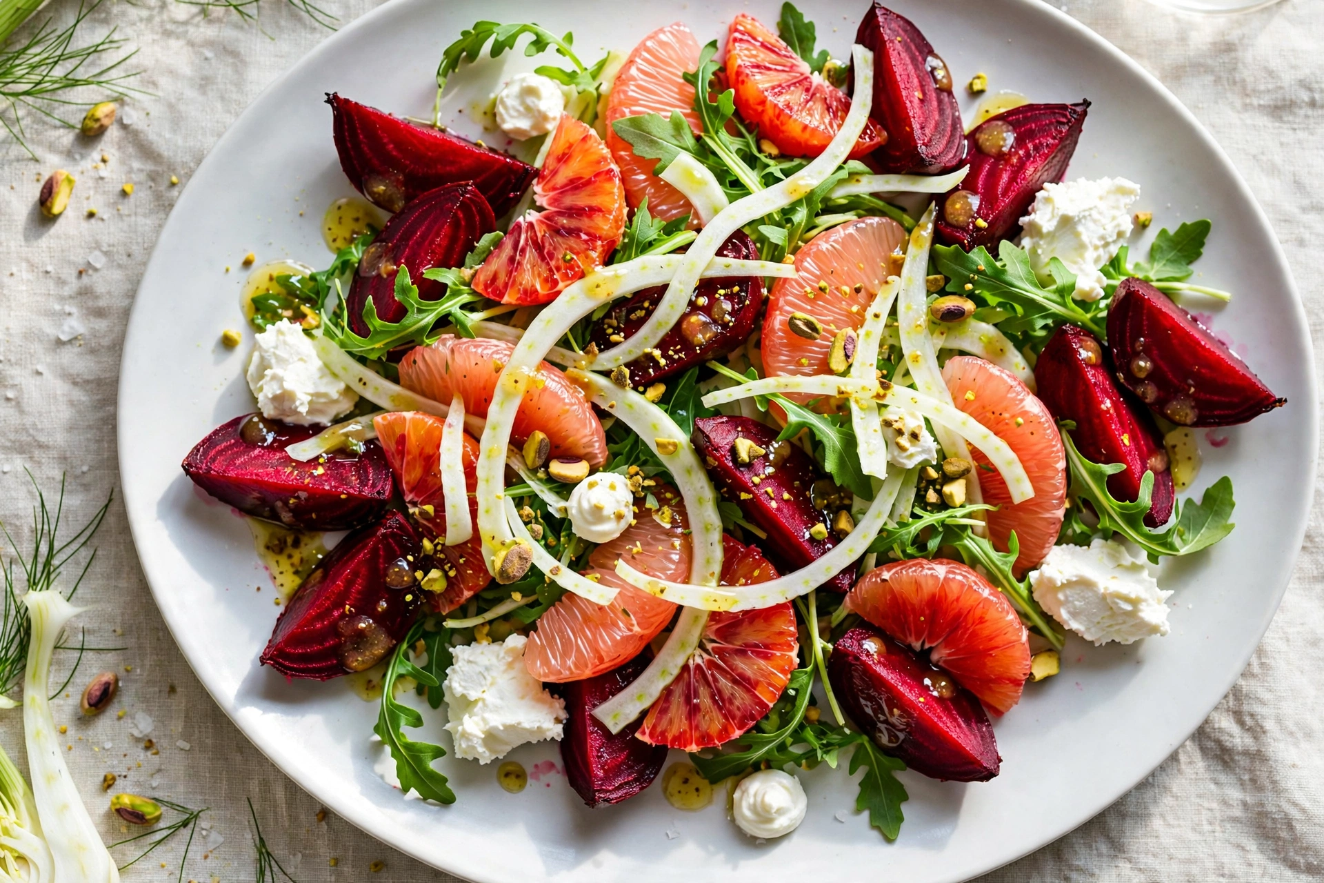 Roasted Beet and Citrus Salad with blood oranges and pistachios on a white platter