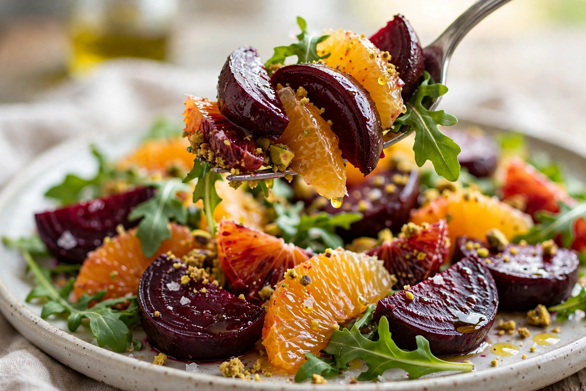 Roasted Beet and Citrus Salad bite with beet, citrus and pistachios