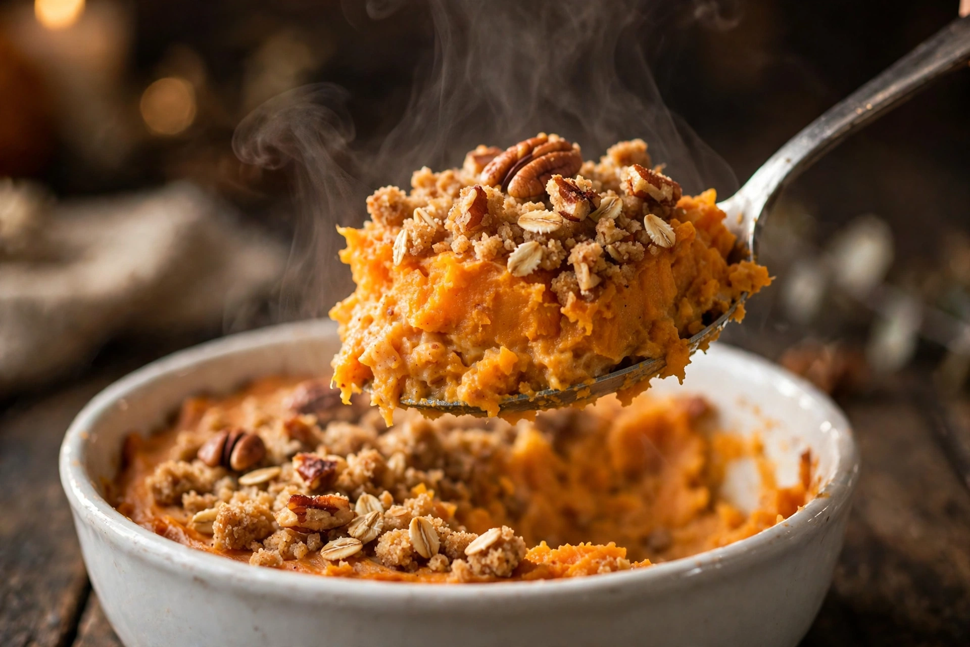 Serving of healthy sweet potato casserole with pecans, creamy texture