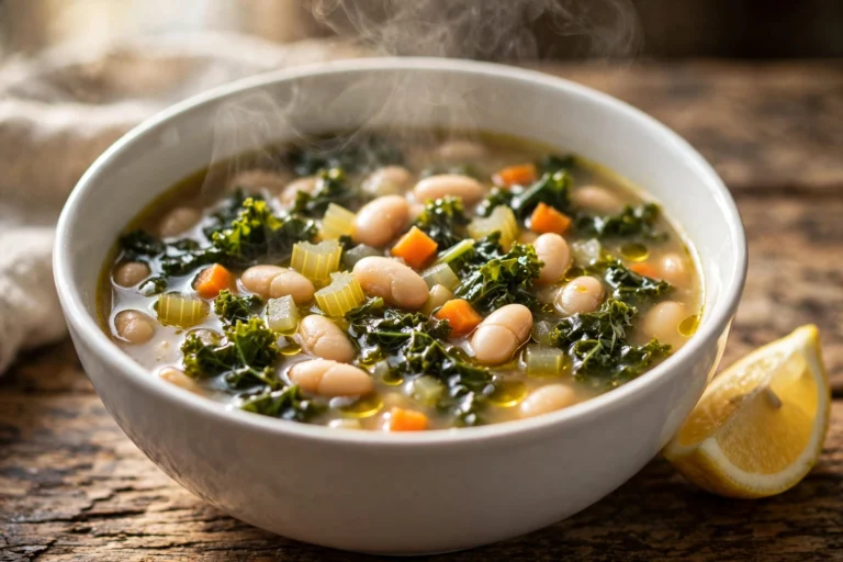 White bean and kale soup in a white bowl with carrots, celery and a lemon wedge