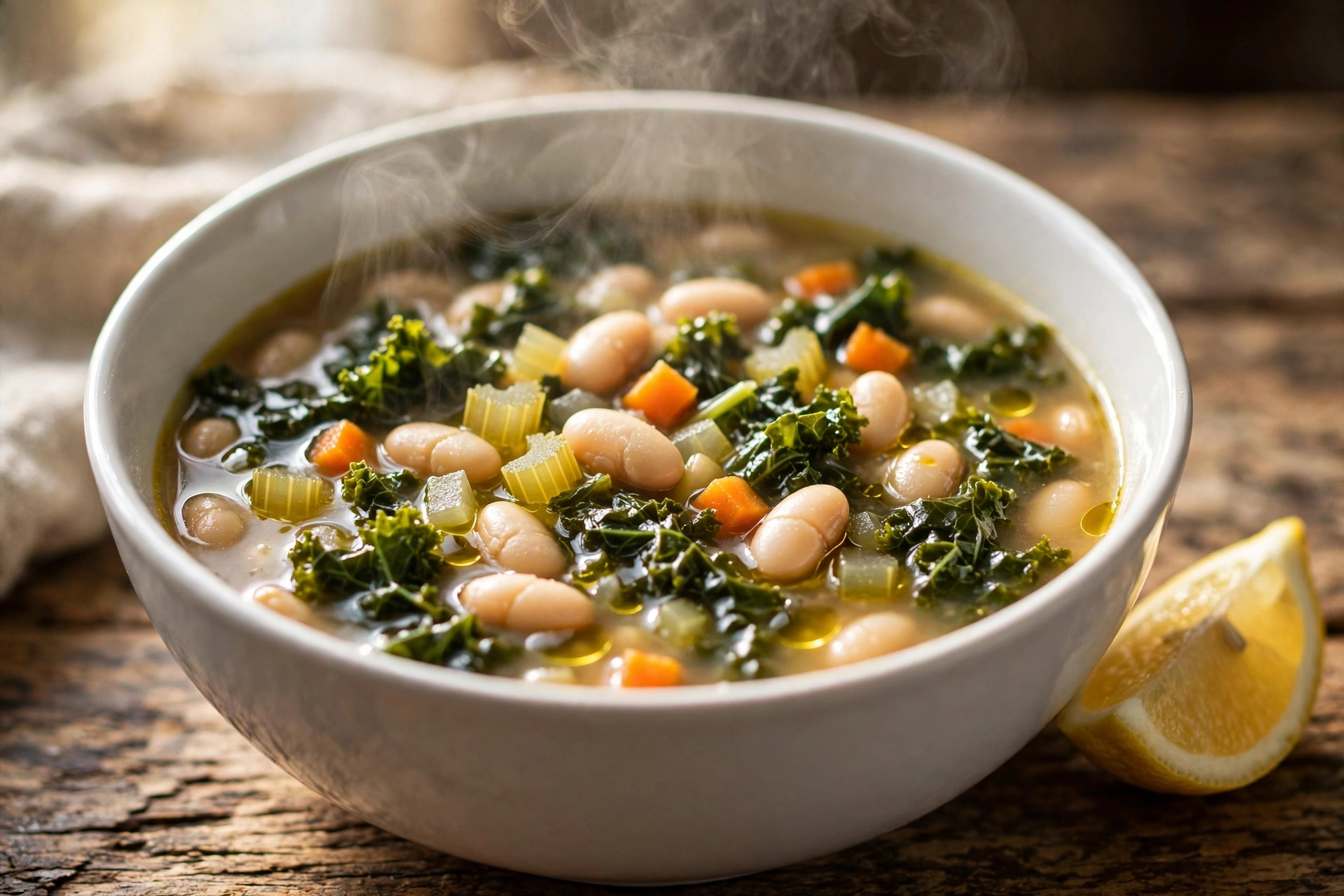 White bean and kale soup in a white bowl with carrots, celery and a lemon wedge