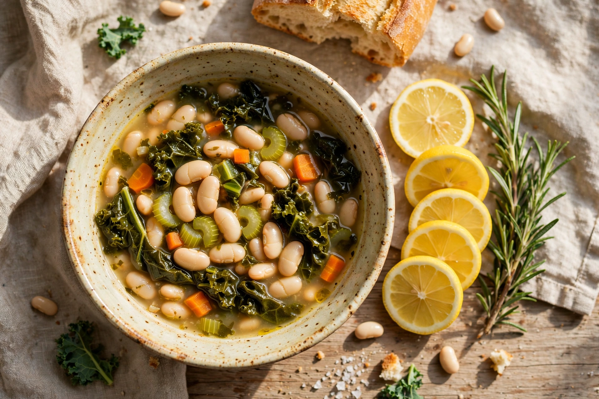 Overhead shot of white bean and kale soup with lemon slices, rosemary and crusty bread
