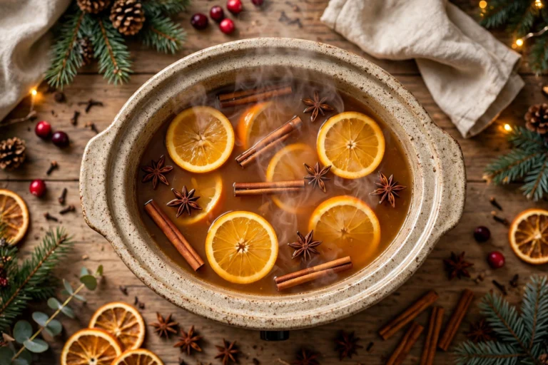 Slow cooker filled with warm spiced apple cider with orange slices, cinnamon sticks and star anise, steam rising