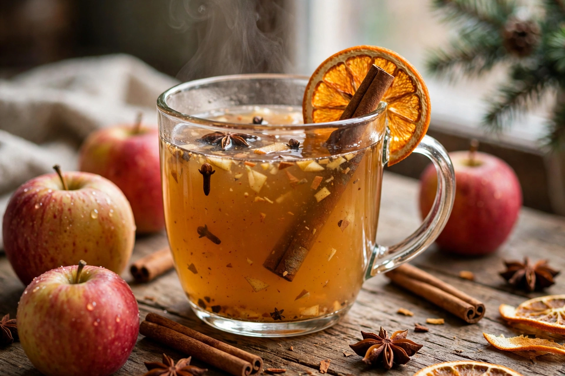 Glass mug of warm apple cider garnished with a cinnamon stick and dried orange slice on a wooden table