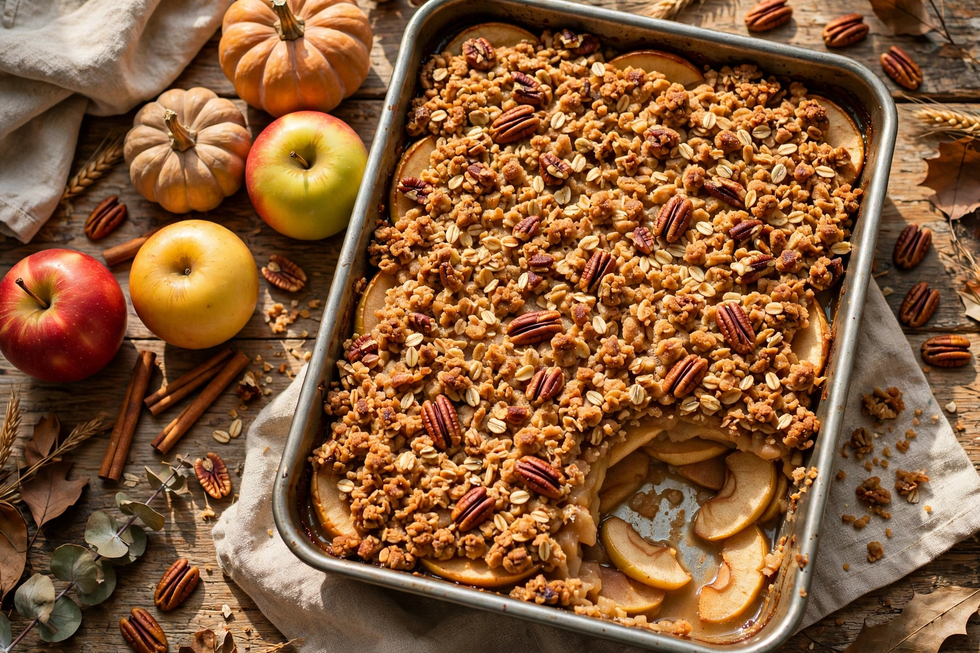 Baking dish of healthy apple crisp with a crunchy oat and pecan topping and one portion scooped out showing tender apple slices, with whole apples, small pumpkins and cinnamon sticks on a Thanksgiving table