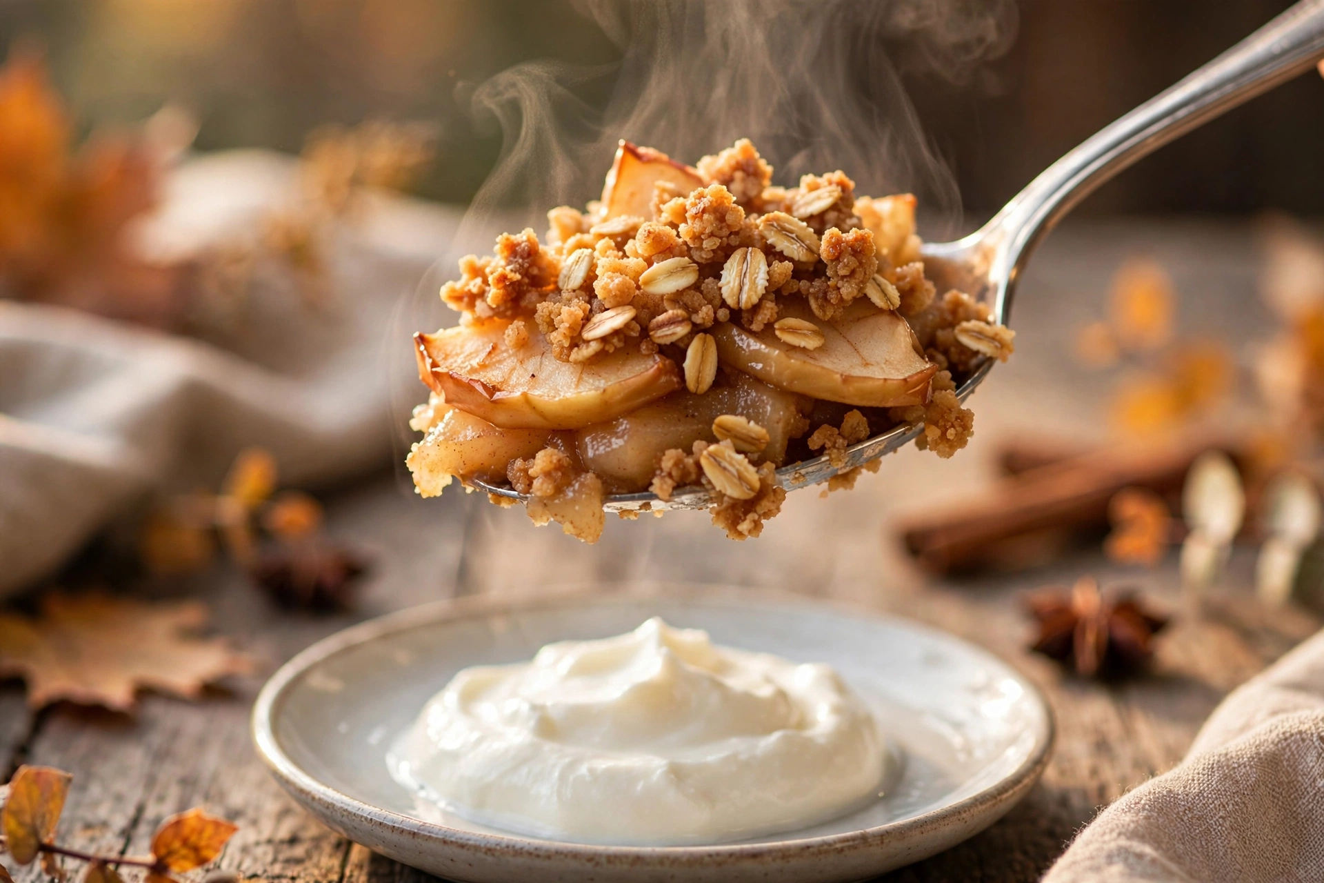 Spoon lifting a warm serving of healthy apple crisp with tender apple slices and crunchy oat topping over a small plate of Greek yogurt, with steam rising
