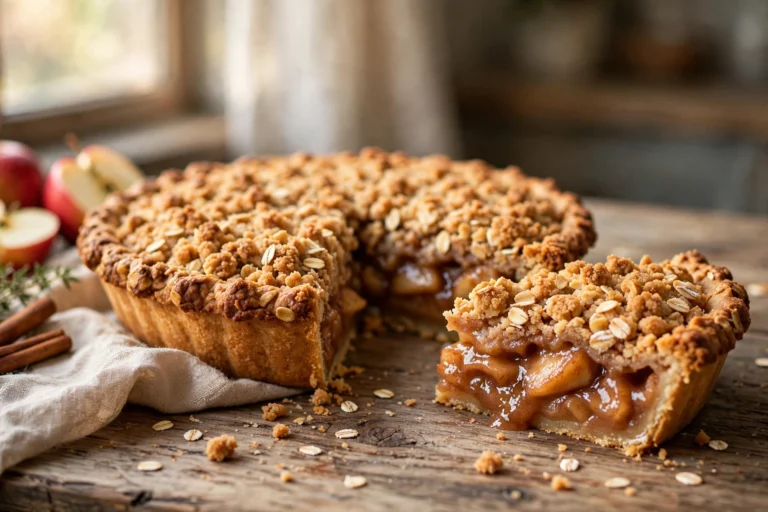 Whole healthy apple pie with golden oat crumble topping and one slice cut, served on a rustic wooden table