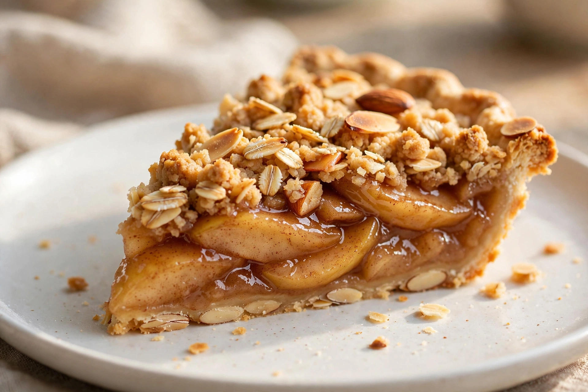 Close-up of a slice of healthy apple pie on a plate showing the gooey cinnamon apple filling