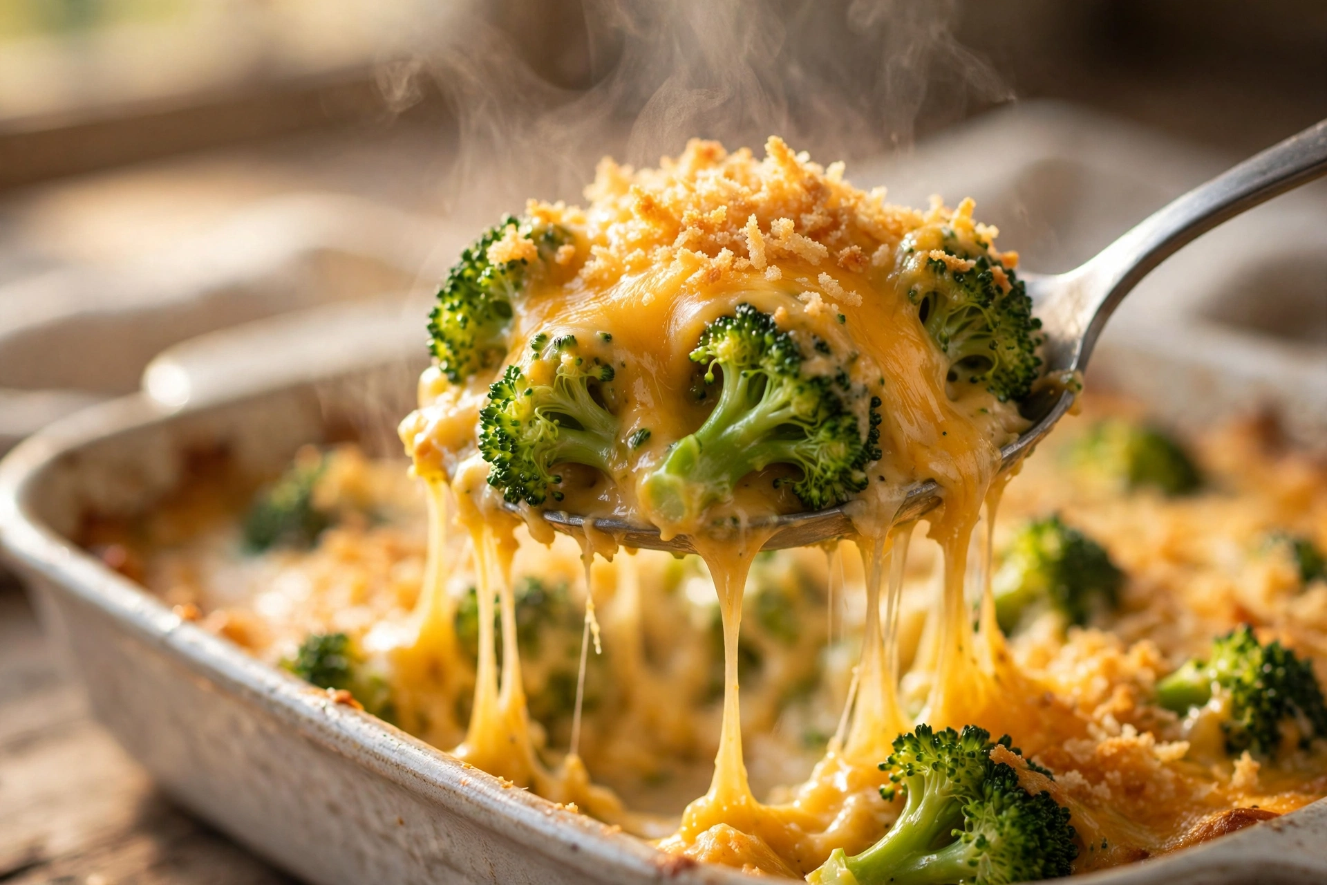A spoon lifting a steaming scoop of healthy broccoli casserole with a long cheddar cheese pull and crisp panko crumbs