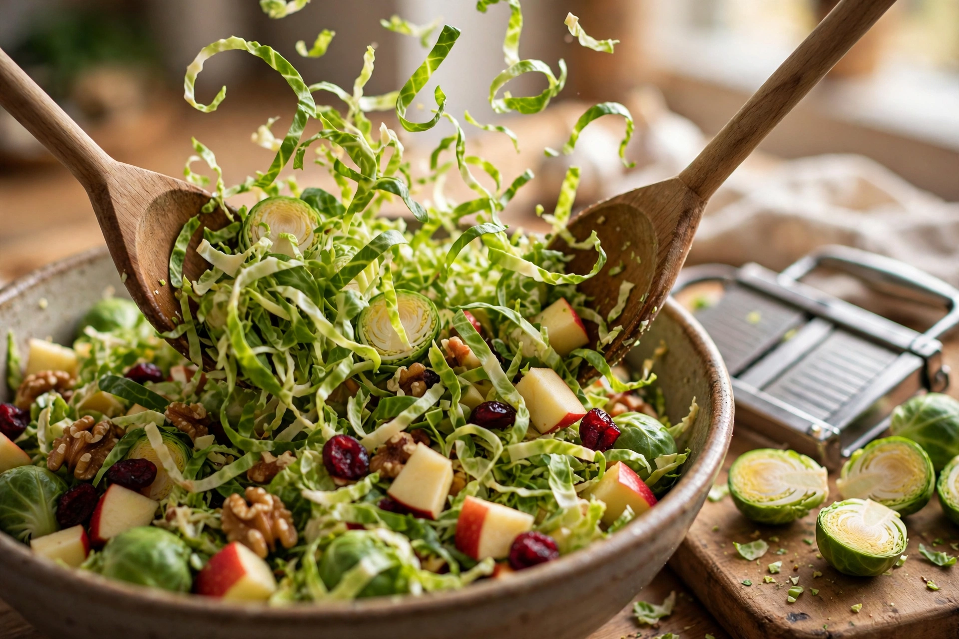 Tossing the shaved Brussels sprout salad with two wooden spoons, ribbons of raw sprout with apple, walnuts and cranberries, a mandoline beside the bowl