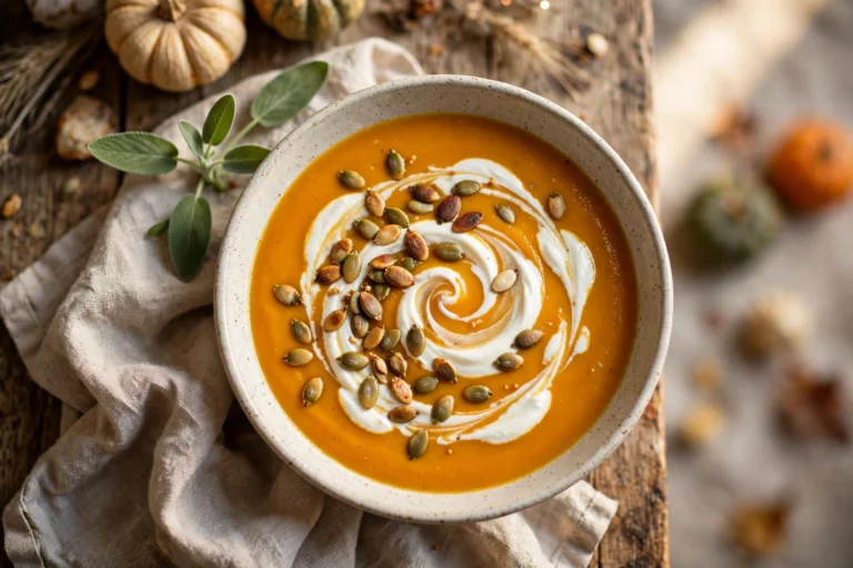 Bowl of healthy butternut squash soup with a Greek yogurt swirl, toasted pumpkin seeds and fresh sage on a Thanksgiving table