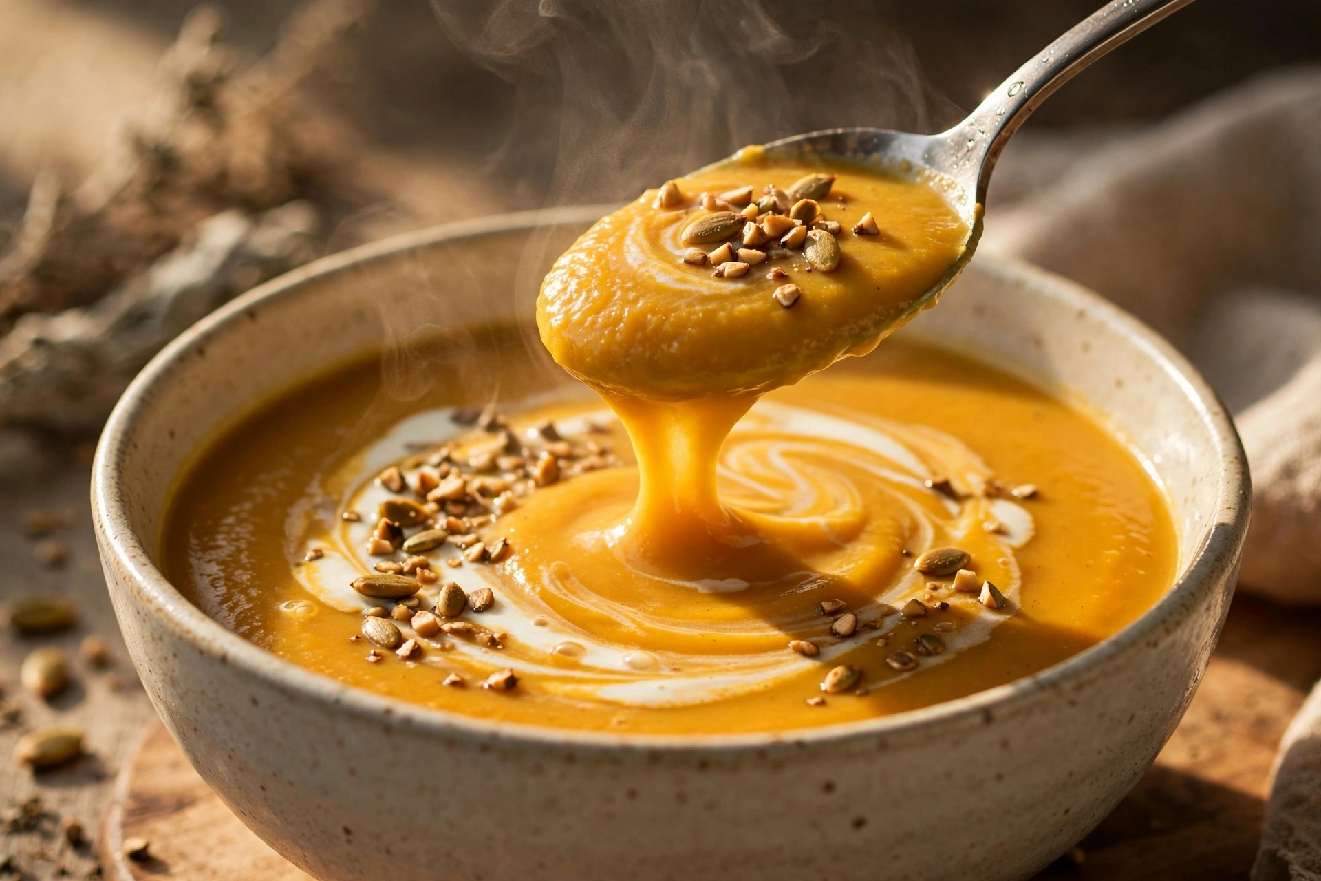Spoon lifting silky healthy butternut squash soup from a ceramic bowl, showing the smooth texture, yogurt swirl and toasted pepitas