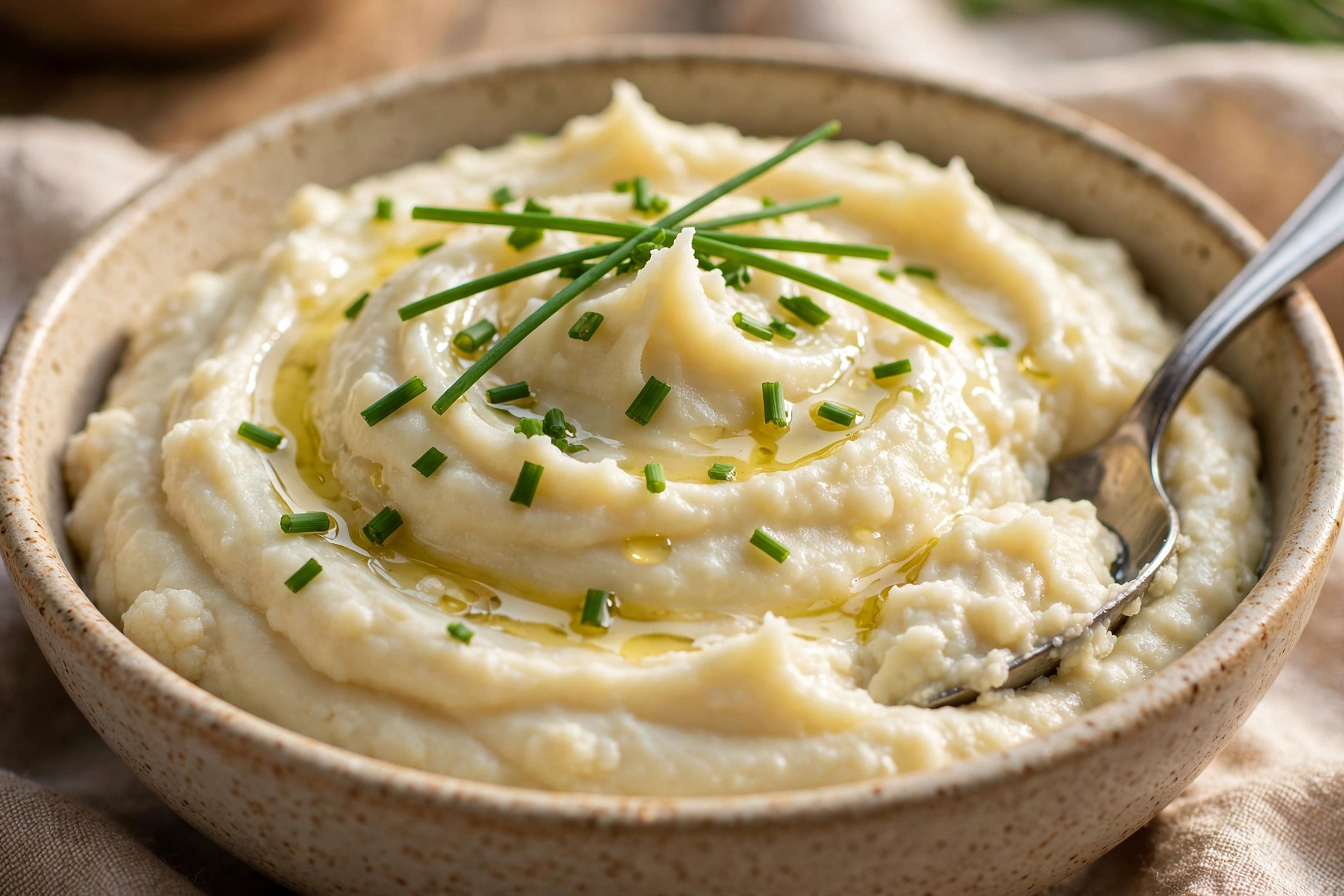Close up of healthy cauliflower mash with smooth swirled peaks, fresh chives and olive oil, with a spoon resting in the bowl