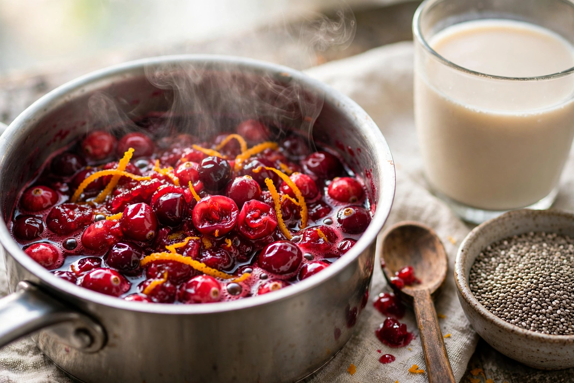 Fresh cranberries bursting in a saucepan for the cranberry orange chia pudding compote, with chia seeds and almond milk beside it