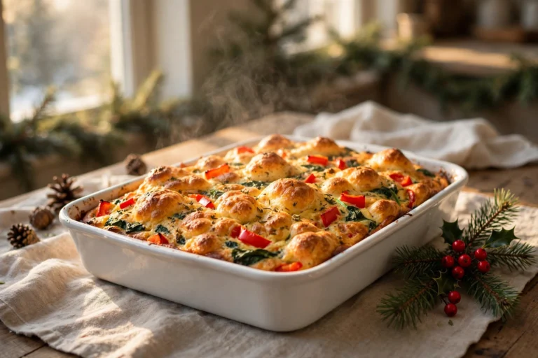 Healthy Christmas breakfast strata in a white 9 by 13 dish, puffed and golden with red pepper and spinach, on a Christmas morning table