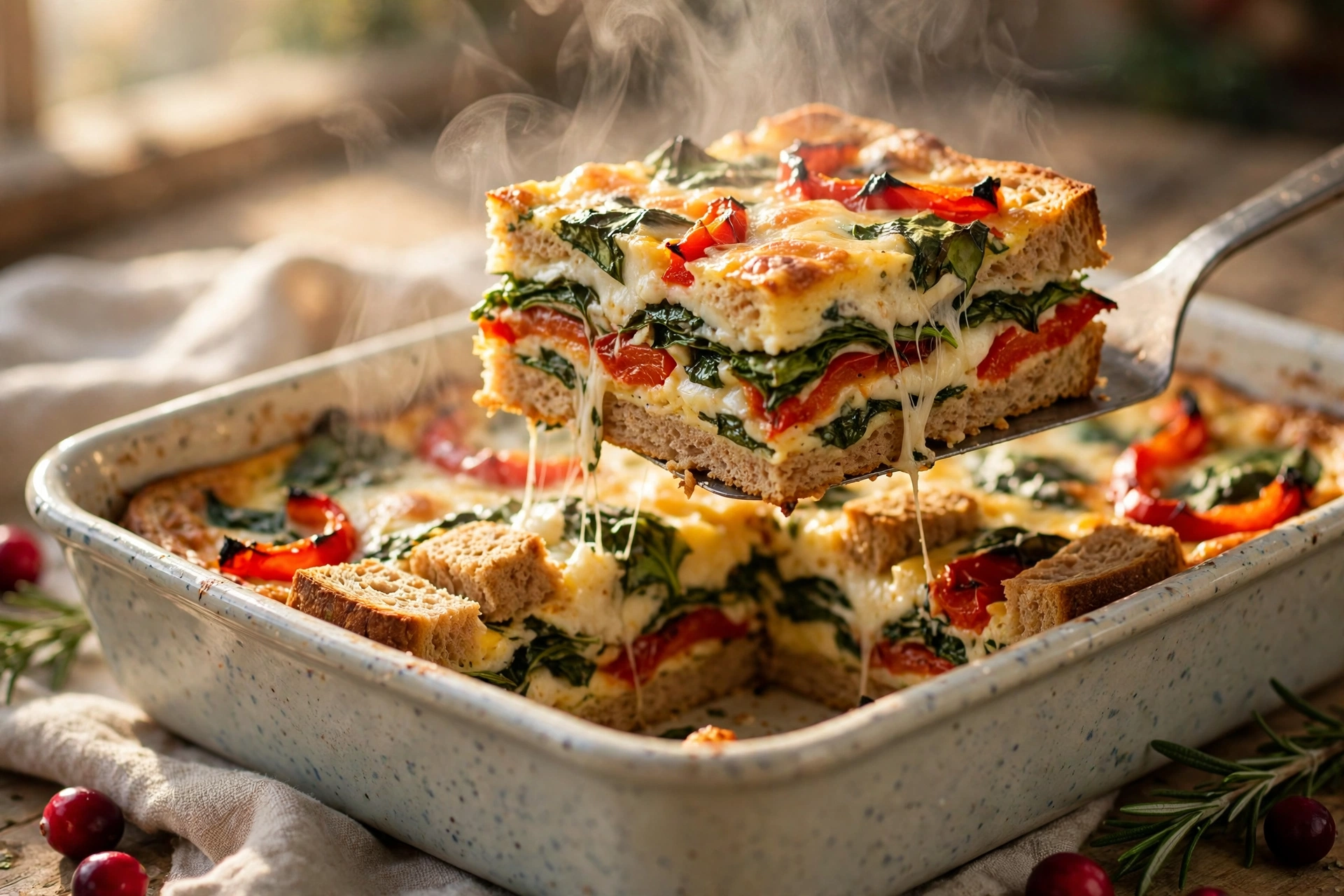 A spatula lifting one square of healthy Christmas breakfast strata, clean layers of whole wheat bread, red pepper, spinach and mozzarella