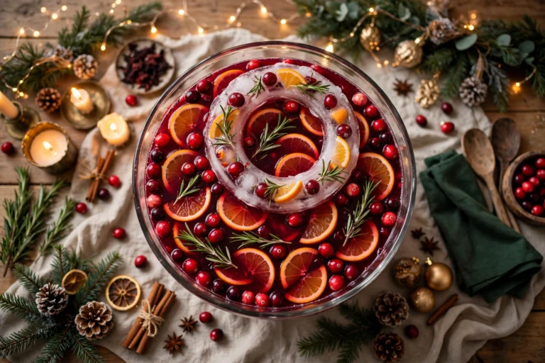 Glass punch bowl of healthy Christmas punch with hibiscus and cranberry, garnished with orange wheels, fresh cranberries, rosemary and a festive ice ring