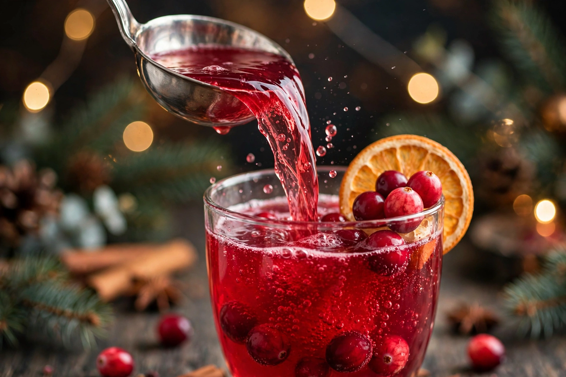 Close up of healthy Christmas punch being ladled into a glass cup, with bubbles, an orange wheel and cranberries on the rim