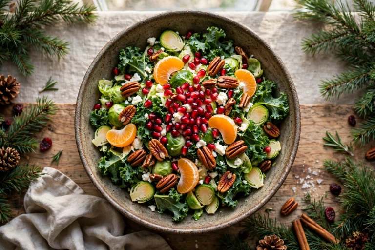 Large serving bowl of healthy Christmas salad with massaged kale, shaved Brussels sprouts, pomegranate arils, orange segments, maple candied pecans and crumbled feta on a festive table