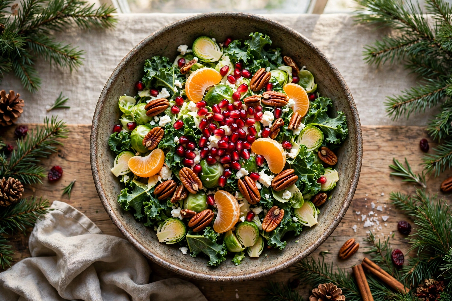 Large serving bowl of healthy Christmas salad with massaged kale, shaved Brussels sprouts, pomegranate arils, orange segments, maple candied pecans and crumbled feta on a festive table