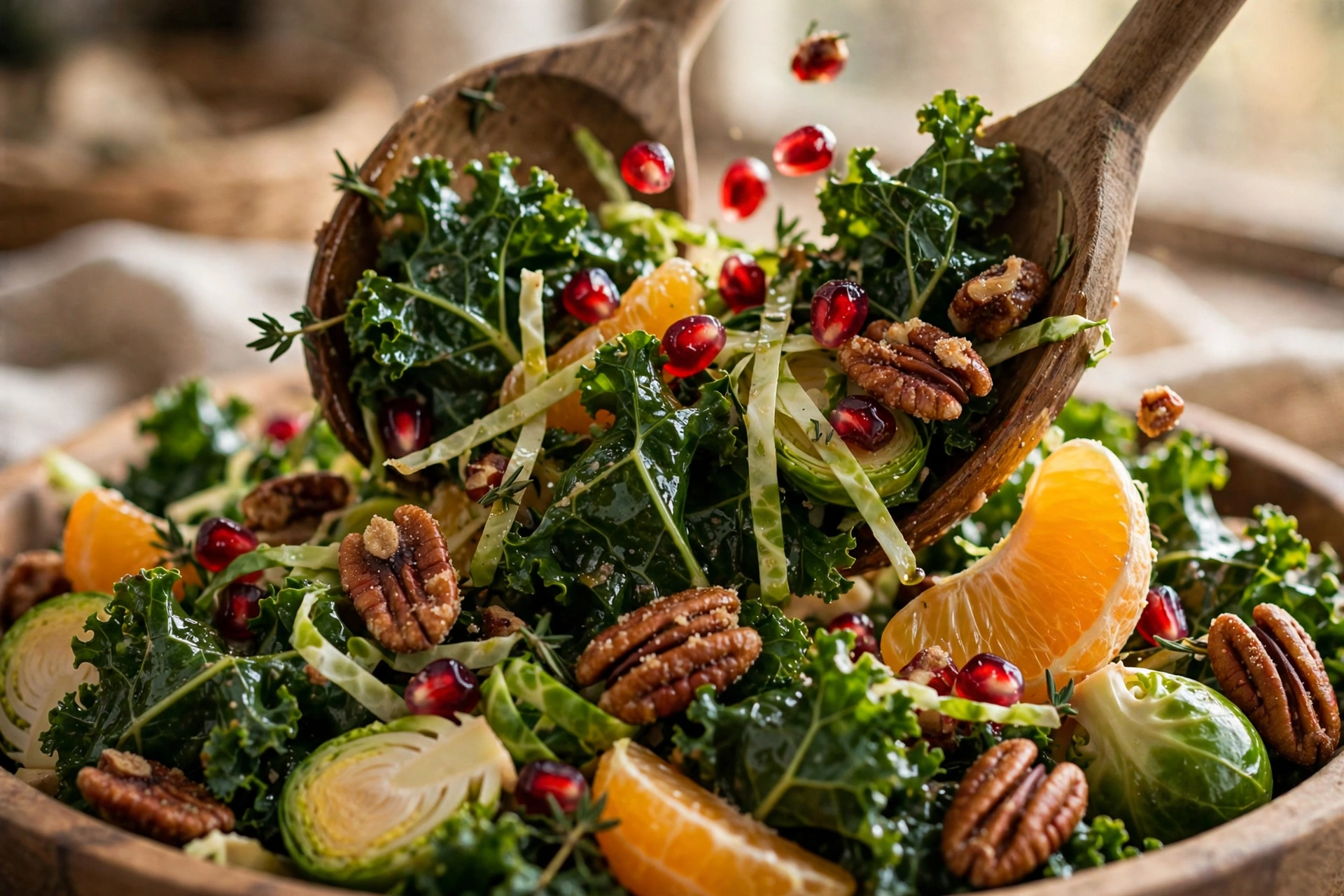 Close up of healthy Christmas salad being tossed with wooden spoons, showing glossy kale leaves, shaved Brussels sprouts, pomegranate arils, orange segments and candied pecans
