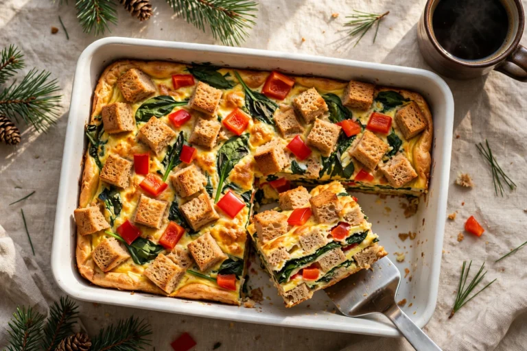 Healthy Christmas breakfast strata baked golden in a white dish, spinach and red pepper on top, one layered square lifted on a spatula