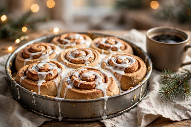Healthy cinnamon rolls in a round pan with white maple yogurt glaze dripping over the swirls, coffee and Christmas lights behind
