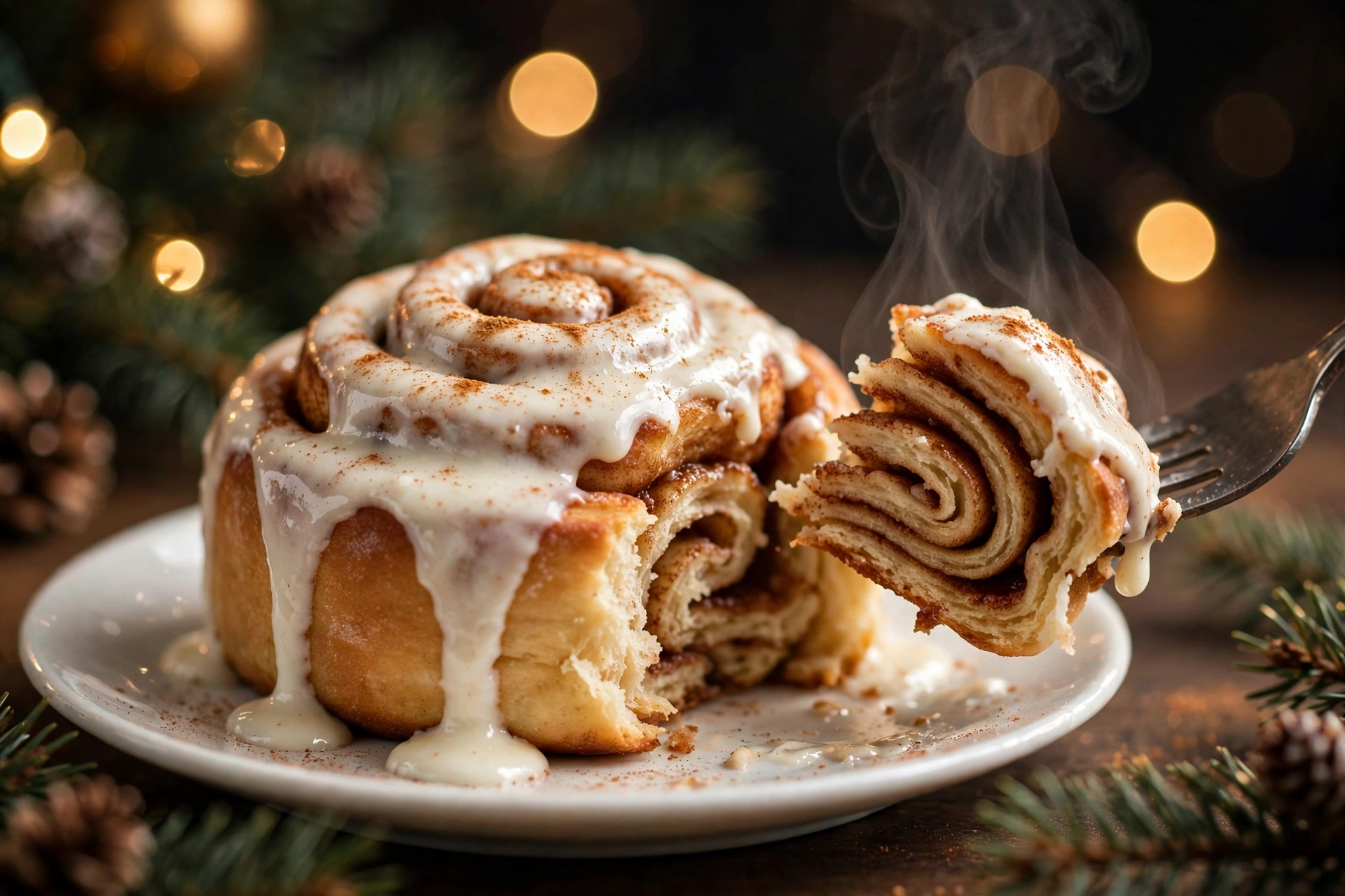 One healthy cinnamon roll on a plate, a fork lifting a steaming piece that shows the cinnamon swirl layers and white glaze
