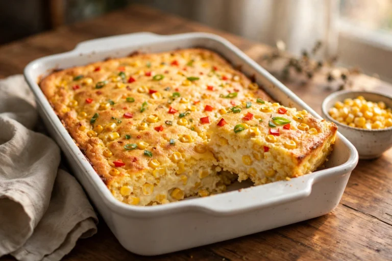 Healthy corn casserole baked golden in a white 9x13 dish, whole corn kernels, red pepper and scallions on top, one creamy square lifted at the corner